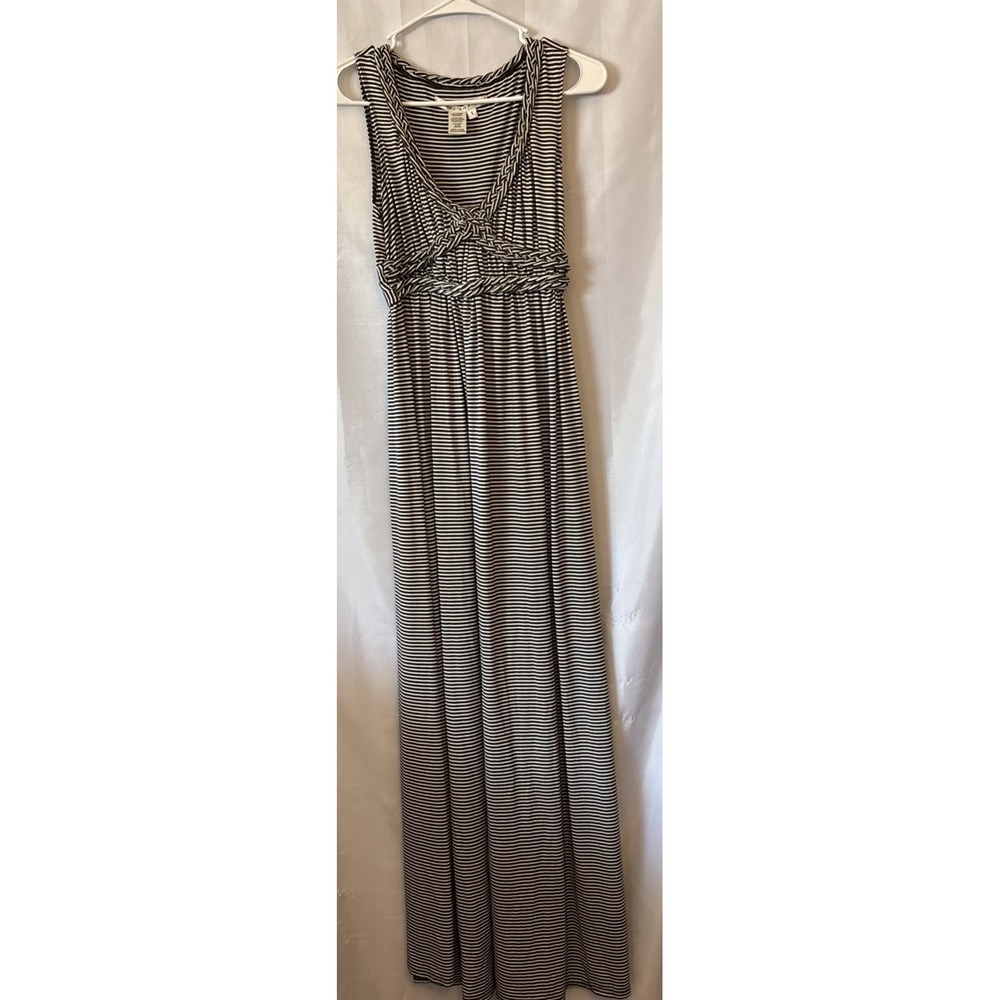 MAX STUDIO Black Striped Maxi A-line Dress Women S V-Neck Sleeveless Stretchy